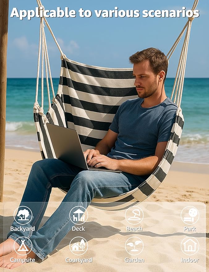 Hammock Chair Swing 2 Cushions Included - Hanging Rope Swing Max 400 Lbs Sturdy Soft Cotton Indoor for Bedroom Swing Chair Outdoor Patio Bedroom Porch Deck Black White