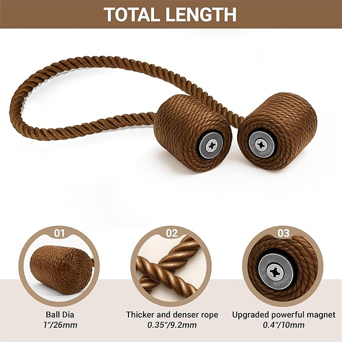 Hion Magnetic Curtain Tiebacks Dark Brown 6 Pack, Curtain Tiebacks Buckles Holdbacks Holders Hooks Clip for Home Bedroom Office Decorative Thick or Thin Curtain