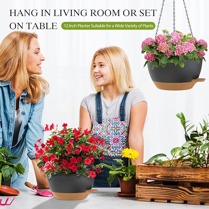 12 Inch Hanging Baskets 2 PC with Chains, Self-Watering Hanging Planters for Indoor Outdoor Plants, Plastic Hanging Flower Pots,Black Brown