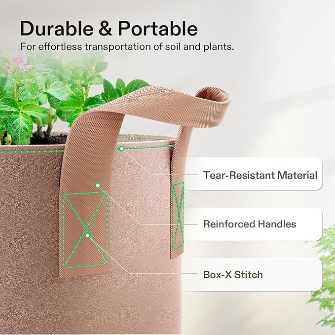 VIVOSUN 5-Pack 7 Gallons Grow Bags Heavy Duty Thickened Nonwoven Fabric Pots with Strap Handles Tan