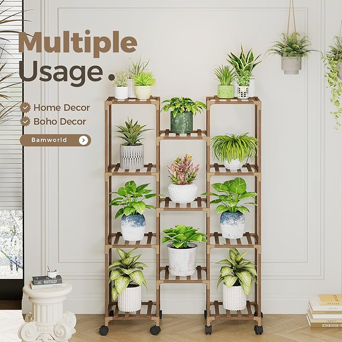 Bamworld Plant Stand With Wheels Indoor Outdoor Wood Plants Shelf for Multiple Plants 11 Pots,Tall Large Flower Holder for Living Room, Patio, Balcony, Garden