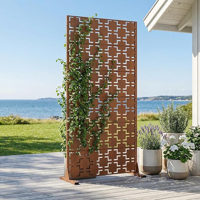 Casaphoria Metal Privacy Screen Outdoor, 72" H x 35" W Freestanding Decorative Privacy Screen for Patio Deck Balcony Garden with Stable Base, Brown-Square