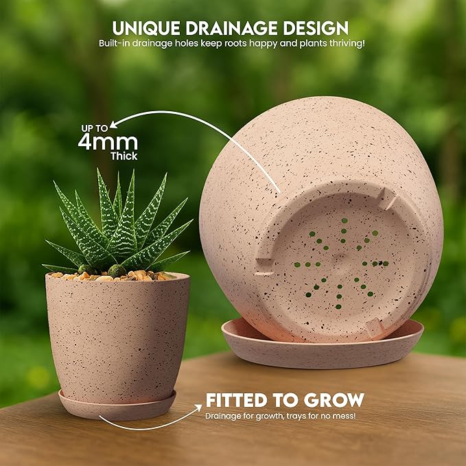 Utopia Home - Spotty Plant Pots Indoor with Drainage - 7/6.6/6/5.3/4.8 Inches Flower Pots - 10 Pack Plastic Planters - Ideal for Stocking Stuffers - (Speckled Peach Pink, Pack of 10)
