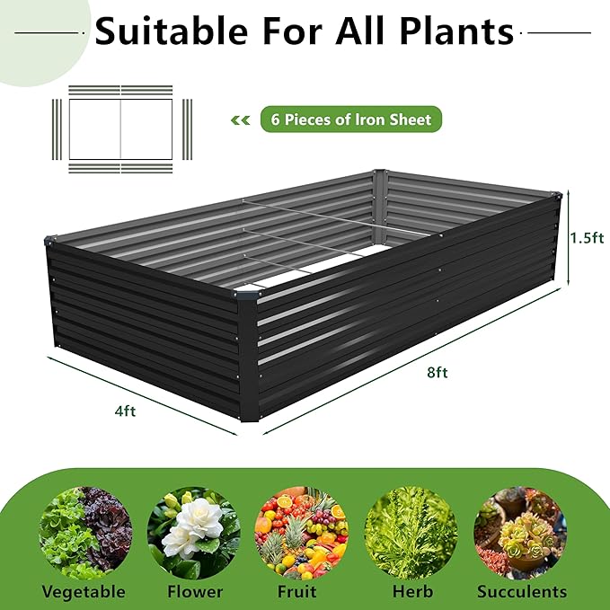 8x4x1.5FT Galvanized Raised Garden Bed,Vegetable Boxes-Rectangle Metal Flower Box,Large Planter Raised Beds Outdoor Garden for Planting,Fruit,Herb-Black