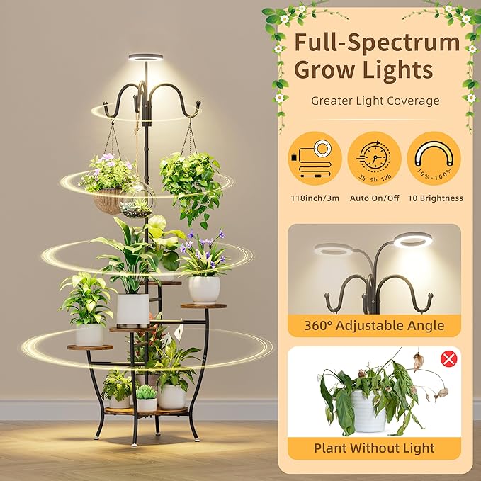 Plant Stand Indoor with Grow Light - 72" Tall Plant Shelf Indoor, 5 Tiered Corner Plant Stands for Indoor Plants, Hanging Plant Holder Flower Display Holders for Living Room, Balcony Decor