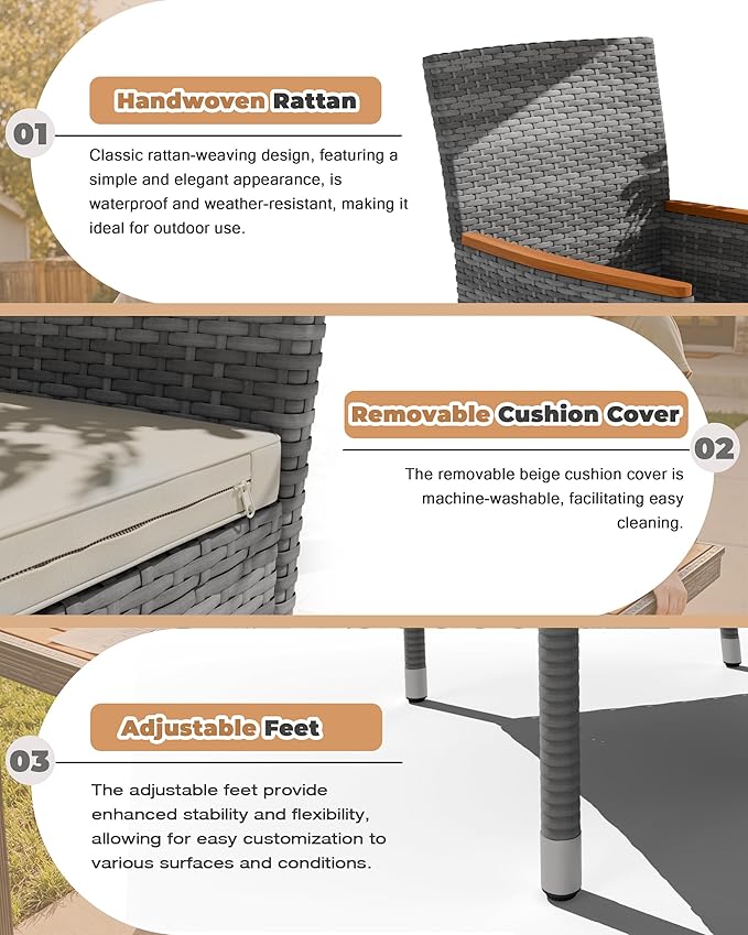 Flamaker 9 Piece Patio Dining Set Outdoor Acacia Wood Table and Chairs with Soft Cushions Wicker Patio Furniture for Deck, Backyard, Garden (Grey)