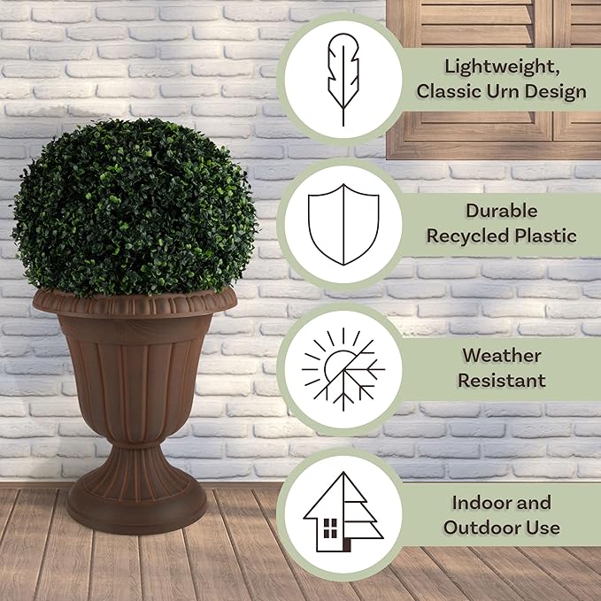 Outdoor Planter 2-Pack - 16x18-Inch Urn Planters - Plastic Plant Pots for Indoor, Outdoor, or Front Porch Decor - Flower Pots by Pure Garden (Brown)