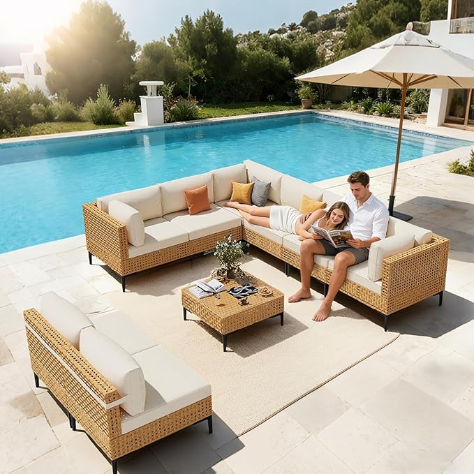 ABCASA Patio Furniture Set, 110" Large 9-Piece Wicker Outdoor Patio Furniture Sets with Anti-Slip Cushions & Coffee Table,Boho Patio Conversation Set Sectional Sofa for Backyard,Porch,Deck,Beige