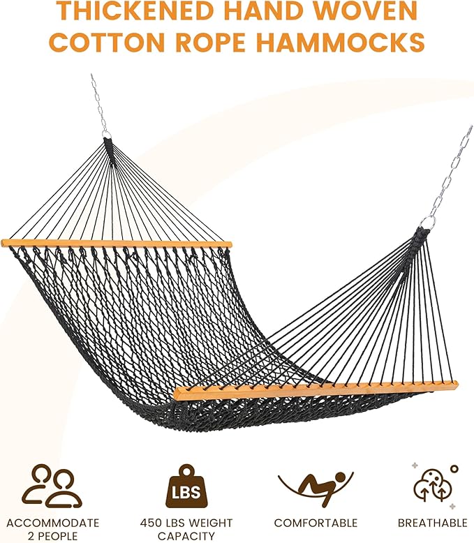 Lazy Daze Hammocks Double Rope Hammock, 2 Person Traditional Outdoor Hand Woven Cotton Rope Hammock with Spreader Bar, Carabiners, Tree Straps, Chains for Patio Yard - Max 450 Lbs, Dark Grey