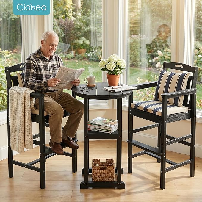 Ciokea 3-Pcs Bistro Table and Chairs, All-Weather Round High Top Bar Table with Storage Shelf and 2 Oversized Adirondack Chairs, Heavy Duty Outdoor Bar Set Patio Bistro Set for Balcony Deck, Black