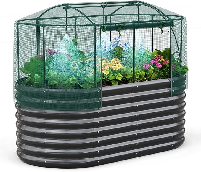 Quictent Galvanized Raised Garden Bed Kit with Self Watering System and Mesh Cover, Large Oval Metal Outdoor Planter Garden Boxes for Vegetables Herbs Flowers, 6x3x2Ft