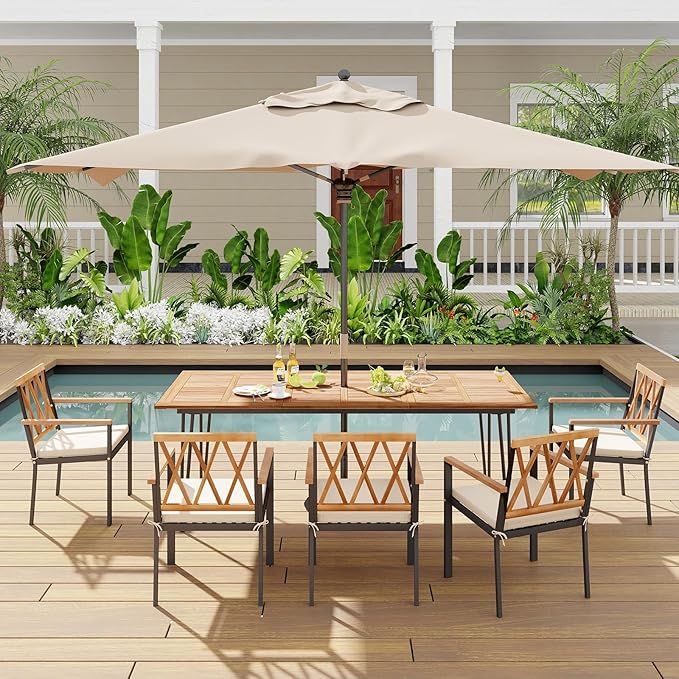 Tangkula 86.5" Large Patio Dining Table for 8, Acacia Wood 8-Person Dining Table with 2" Umbrella Hole & Metal Legs & Adjustable Foot Pads, Rectangular Outside Table for Garden, Poolside & Backyard