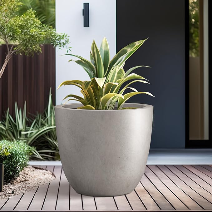 Kante 10 Inch Dia Round Concrete Planter, Indoor Outdoor Large Plant Pot with Drainage Hole and Rubber Plug for Home Patio Garden, Weathered Concrete