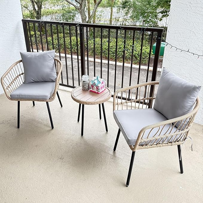 DWVO 3 Piece Patio Bistro Set, Patio Furniture Set Outdoor Wicker Bistro Rattan Chair Conversation Sets with Coffee Table for Yard Backyard Lawn Porch Poolside Balcony, Grey