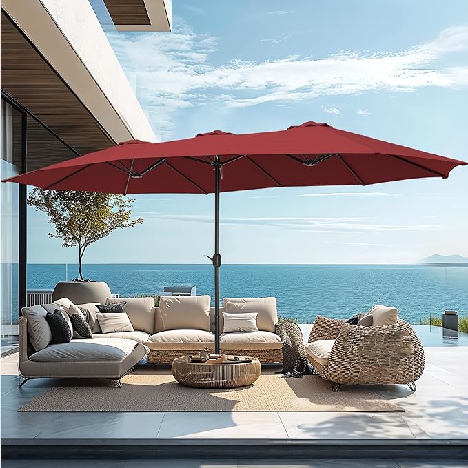 PHI VILLA 15ft Patio Umbrella Double-Sided Outdoor Market Extra Large Umbrella with Crank, Umbrella Base Included (Dark Red)