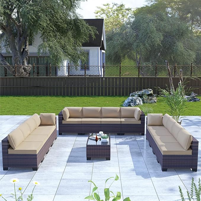 Kullavik 14 Pieces Outdoor Patio Furniture Set PE Wicker Rattan Sectional Sofa Patio Conversation Sets,Sand