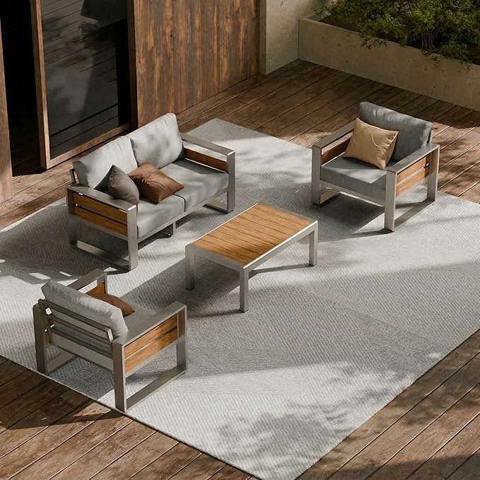 ZANDOR Outdoor Patio Conversation Sets, 4-Piece Aluminum Metal Outside Sectional Lawn Furniture with Coffee Table & Washable Thick Cushions,Seating Sofa for Garden/Backyard/Porch, Silver