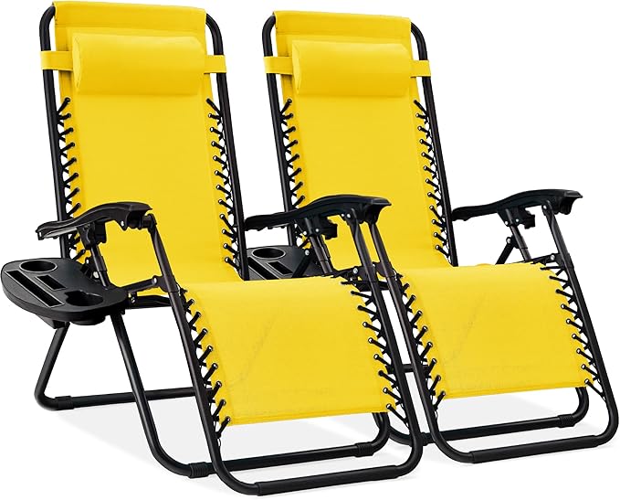 Best Choice Products Set of 2 Adjustable Steel Mesh Zero Gravity Lounge Chair Recliners w/Pillows and Cup Holder Trays - Sunflower Yellow