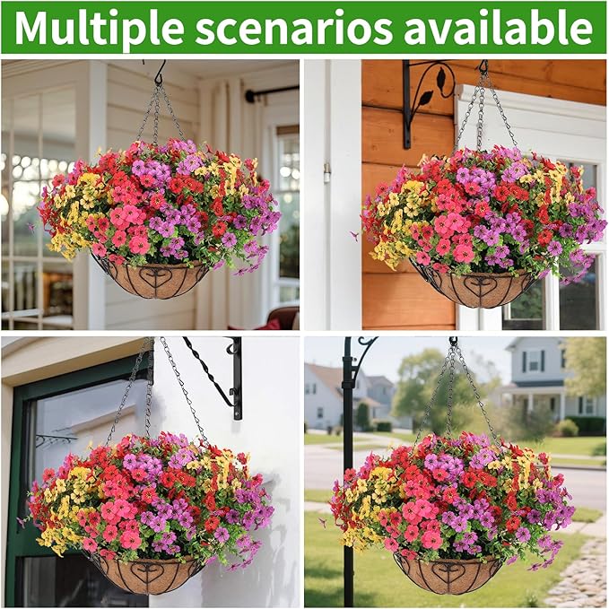 Artificial Hanging Flower for Outdoors, Fake Hanging Basket for Outside,1 Hanging Basket with 13 Pcs Faux Silk Flowers for Porch, Balcony and Patio Decor(Mixed)