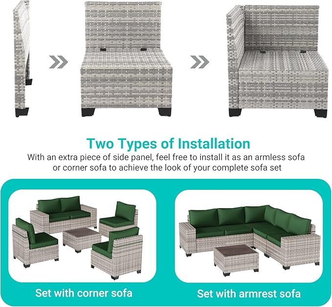 13-Piece Outdoor Patio Furniture Set with 55,000 BTU Fire Pit Table, PE Wicker Rattan Sectional Sofa Patio Conversation Set with Coffee Table, Green