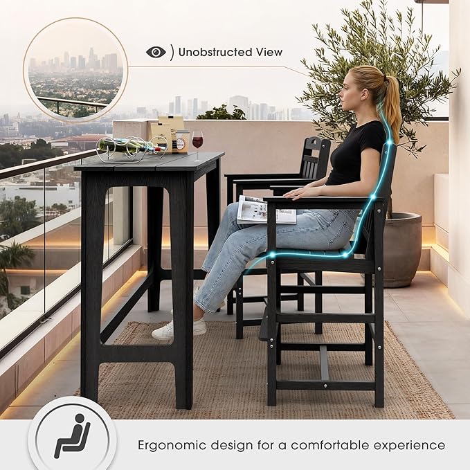 Ciokea Heavy Duty Bar Height Chair, 380lbs Outdoor Adirondack Tall Bar Chair Patio Stool with Arms & High Back, Heavy Duty All-Weather for Balcony, Poolside, Deck and Garden, Black