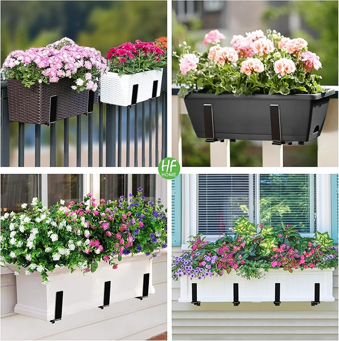 HFHOME 2PCS Adjustable Planter Box Brackets, Brackets for Window Boxes Planters Hanging Flower Box Holders, Wall Mount Holder for Windowsills, Garden, Fences, and Balcony - Black (Patent Registered)