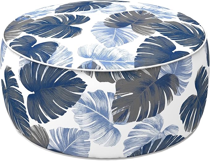 LVTXIII Indoor/Outdoor Inflatable Ottoman with Handle D21 x H9 Inch, Weather-Resistant Round Footstool Pouf for Patio Camping Living Room, Portable Footrest Extra Seating, Big Leaves