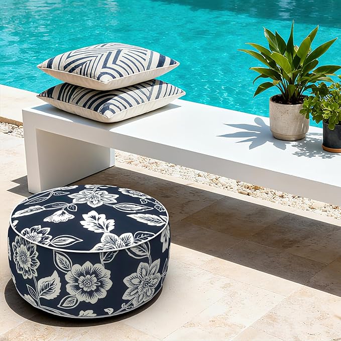 LVTXIII Indoor/Outdoor Inflatable Ottoman with Handle D21 x H9 Inch, Weather-Resistant Round Footstool Pouf for Patio Camping Living Room, Portable Footrest Extra Seating, Elegant Vines Navy