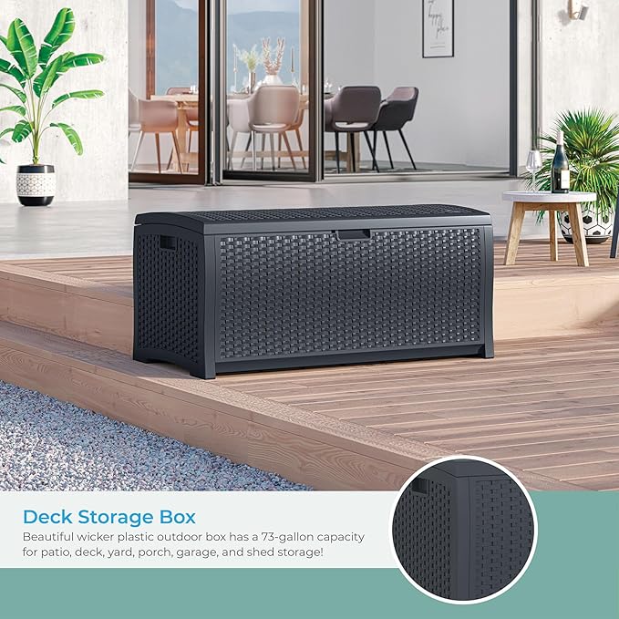 Suncast Outdoor Storage Box - 73 Gallon Cyberspace Resin Wicker Deck Box with Lockable Lid, Outdoor Storage Bin for Patio Cushions, Shoes, Pool & Garden Gear, Made in USA