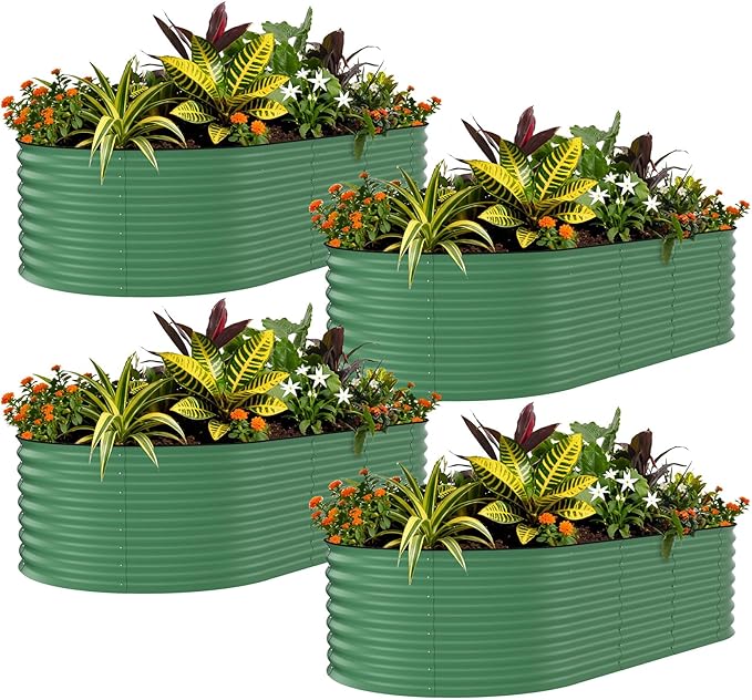 Garvee 4 Pack Galvanized Raised Garden Bed, 8x2x1.5 ft Metal Planter Box for Flowers Vegetables, Rust-Resistant Raised Garden Beds for Gardening, Easy Assembly Outdoor Garden Box & Planters, Green