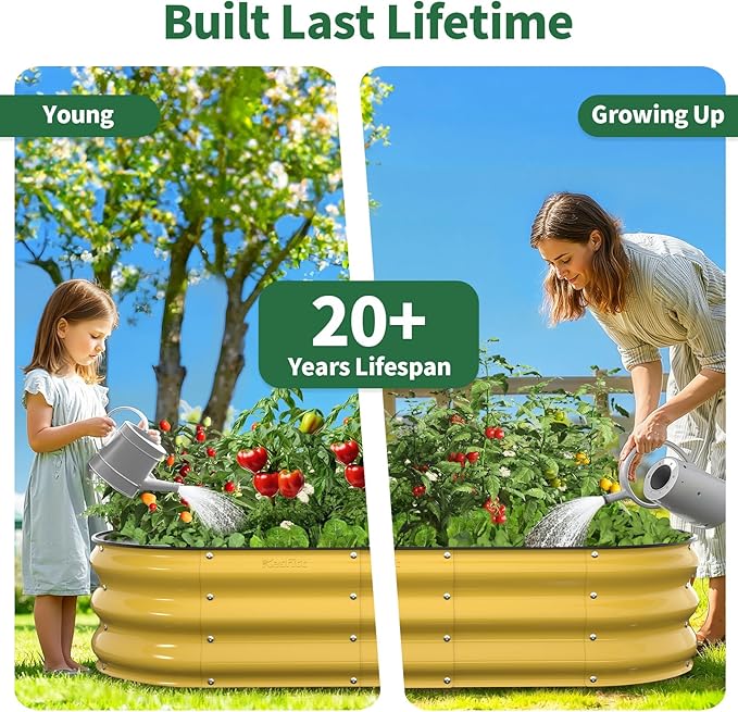 Kesfitt Raised Garden Bed, 4x2x1 FT Galvanized Steel Metal Raised Garden Bed, Oval Open-Bottom Design, 12-Inch Deep for Outdoor Vegetable & Herb Gardening, Creamy Yellow