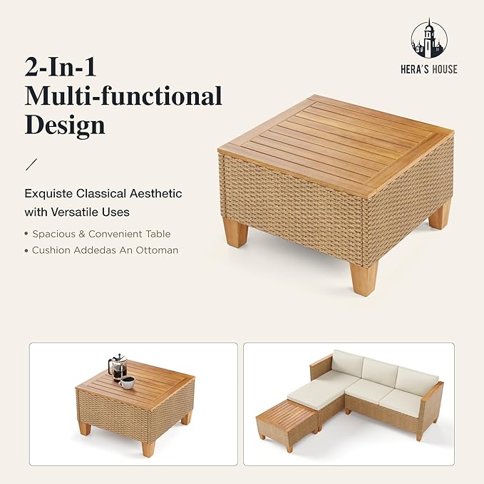 HERA'S HOUSE Small Patio Furniture Set, 3 Pieces Wicker Outdoor Sectional Sets,Yellow Rattan Conversation Set with Sofa and Coffee Table for Garden and Backyard, l Shape Boho Balcony Couch Sets