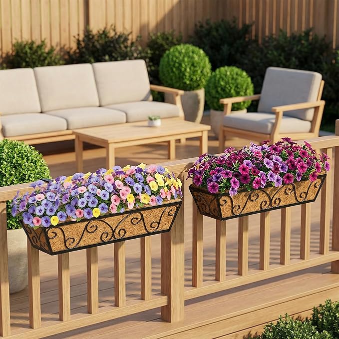 4pcs 24 Inch Window Deck with Coco Liner, 24" Window Boxes Horse Trough with Coconut Coir Liner, Metal Hanging Flower Planter Window Basket Deck Railing Planter Boxes for Outdoor Indoor Lawn