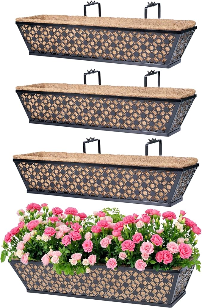 hehimhis Window Planter Box with Adjustable Bracket and Coco Liner for Porch, 24 Inch 4 Pack Balcony Planters Railing Hanging,Fence, Patio Hanging Planters for Garden Outdoor