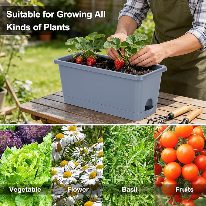 Window Box Planter 6 Packs, 13.8 Inches Rectangle Flower Pots with Drainage Holes & Trays, Pots for Vegetables, Herbs, Flowers, Garden Windowsill Balcony (Grey)