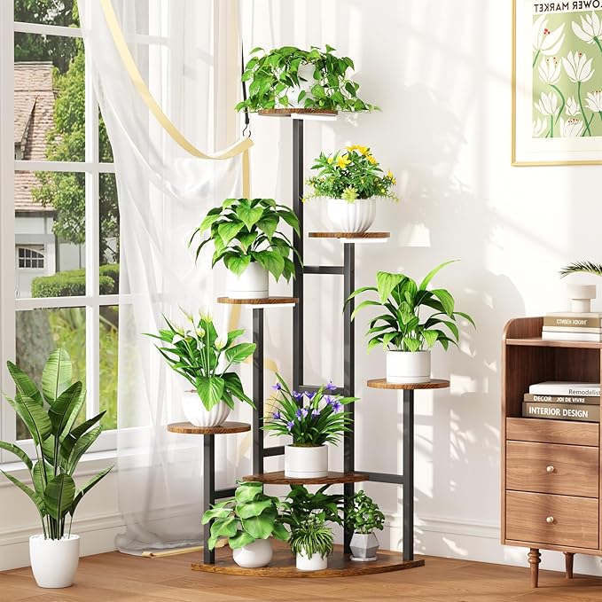 Corner Plant Stand with Grow Lights, 7 Tiered Plant Shelf Indoor, 43" Corner Plant Stands for Indoor Plants, Metal Plant Flower Display Shelves, Plant Organizer Rack for Living Room, Balcony, Home Decor（Round)