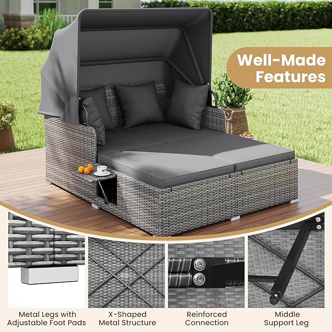 Tangkula Patio Rattan Daybed with Retractable Canopy, Outdoor Wicker Sunbed Lounger with 2 Foldable Side Tables, Thick Seat & Back Cushions, Outside Double Daybed for Garden, Backyard, Porch, Grey