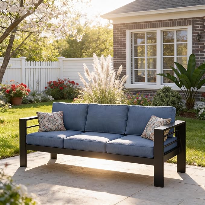 Kiss the Water Outdoor Couch Aluminum Patio Furniture Sofa, 3 Seat All-Weather Metal Patio Couch with 5" Thick and Soft Cushion and Wide Arm, Outdoor Sofa for Balcony, Porch