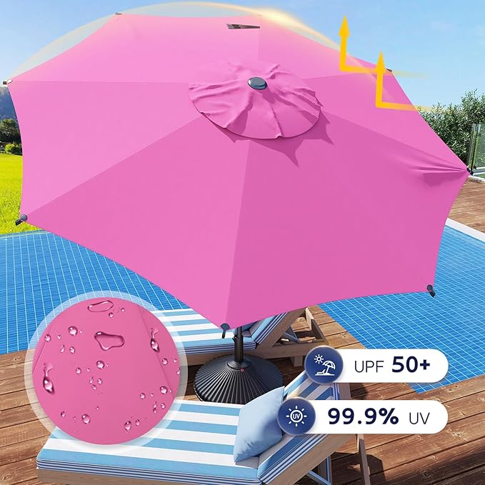 Abba Patio 9FT Lyon Outdoor Patio Umbrella Outdoor Table Umbrella with Crank Market Umbrella 8 Sturdy Ribs UV Protection Waterproof and Push Button Tilt for Garden Deck Backyard Pool,Pink