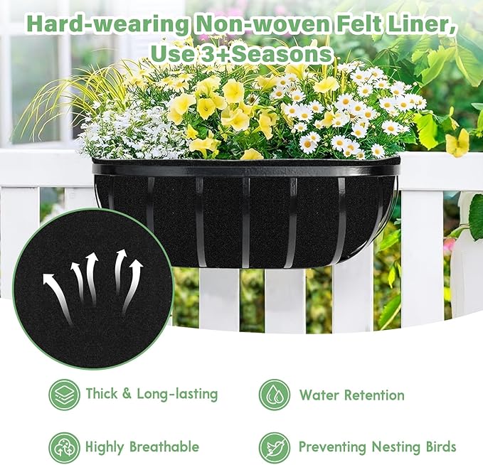 Riare 4 Pack 24 Inch Black Felt Window Box Liners- Fabric Trough Planter Basket Liners Replacement, Non-Woven Hanging Plant Liner for Wall Hanging Basket, Garden Fence Railing (Avoid Bird Nesting)
