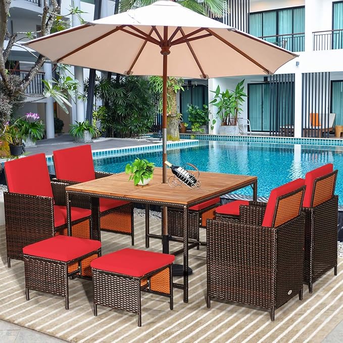 Tangkula 9 Pieces Acacia Wood Patio Dining Set, Space Saving Wicker Chairs and Wood Table with Umbrella Hole Outdoor Furniture Set, Suitable for Garden, Yard, Poolside, Outdoor Seating Set