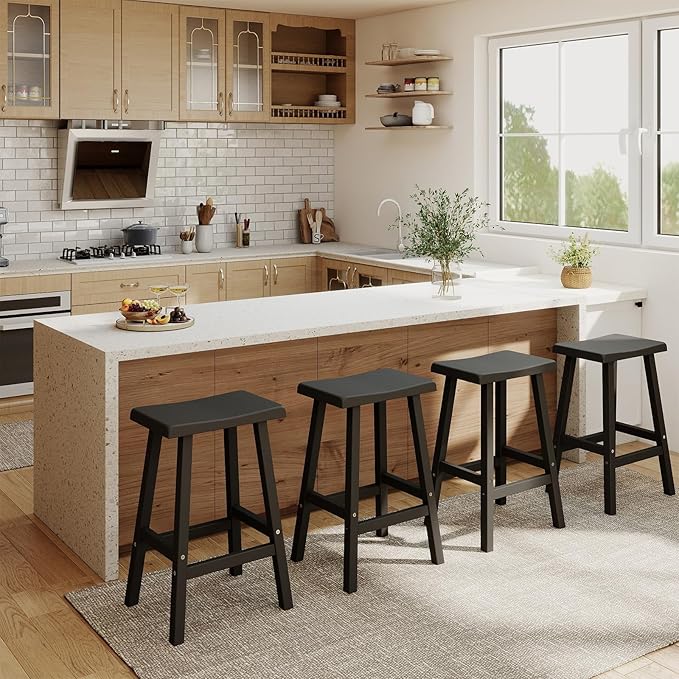 Bar Stools Set of 4, Waterproof UV-Resistant,Durable Resin Kitchen Island Chairs for Indoor & Outdoor Use, Modern Design for Home,Bar,and Cafe (29'' Black-4)