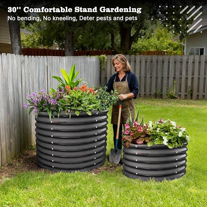 A ANLEOLIFE Set of 6, 30 Inch Extra Tall Galvanized Raised Garden Beds Kit, Large Oval & Round Metal Planters – Ideal for Backyard Vegetables Flowers Herbs, Quartz Grey