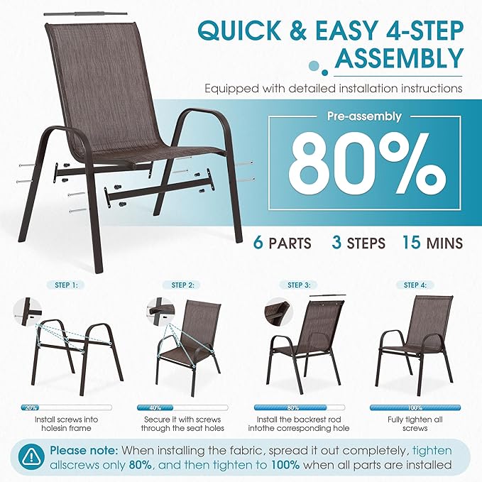 Outdoor Stackable Chairs Set of 4, Stacking Patio Chairs with Textilene Fabric, Outside Furniture for Garden Backyard Balconie Poolside Deck, Brown