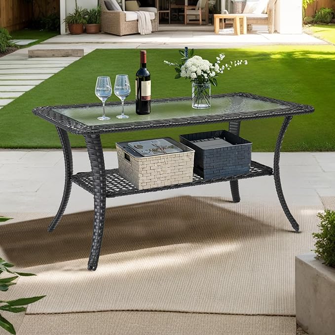 VINGLI Outdoor Coffee Table with Storage Wicker Patio Coffee Table, Tempered Glass Top Coffee Table for Patio Outside Balcony Porch Deck (Black)