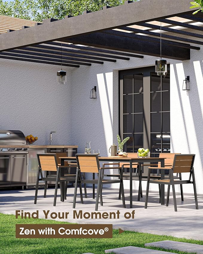 Outdoor Dining Set for 6, Aluminum Patio 7 Piece HDPS Luxury Outdoor Table and Chairs Set with Umbrella Hole, Modren Patio Furniture Set, All-Weather Patio Dining Set for 6, (Gray & Teak)