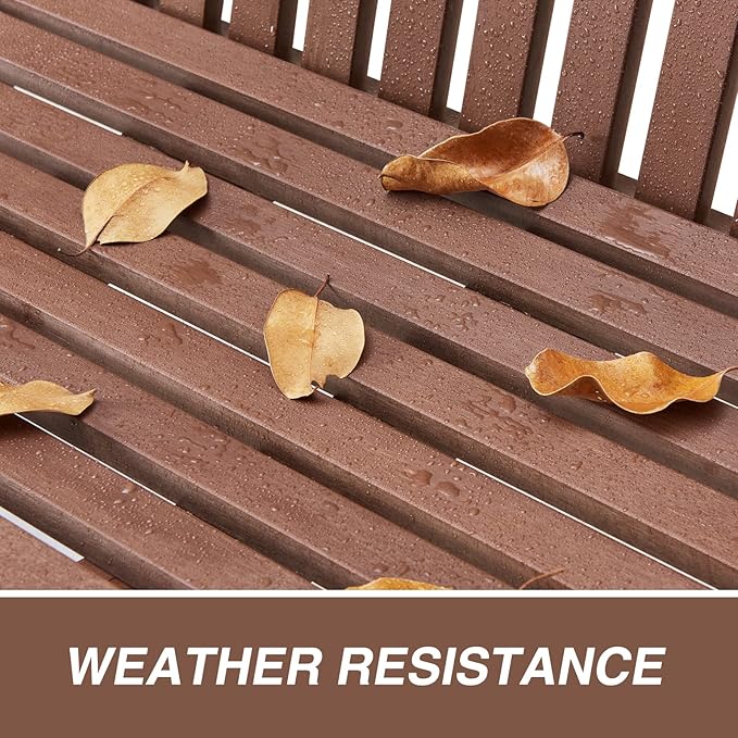 Psilvam Garden Bench, 2-Person Poly Lumber Patio Bench, All-Weather Outdoor Bench That Never Rot and Fade, Suit for Garden, Porch and Park (Brown)