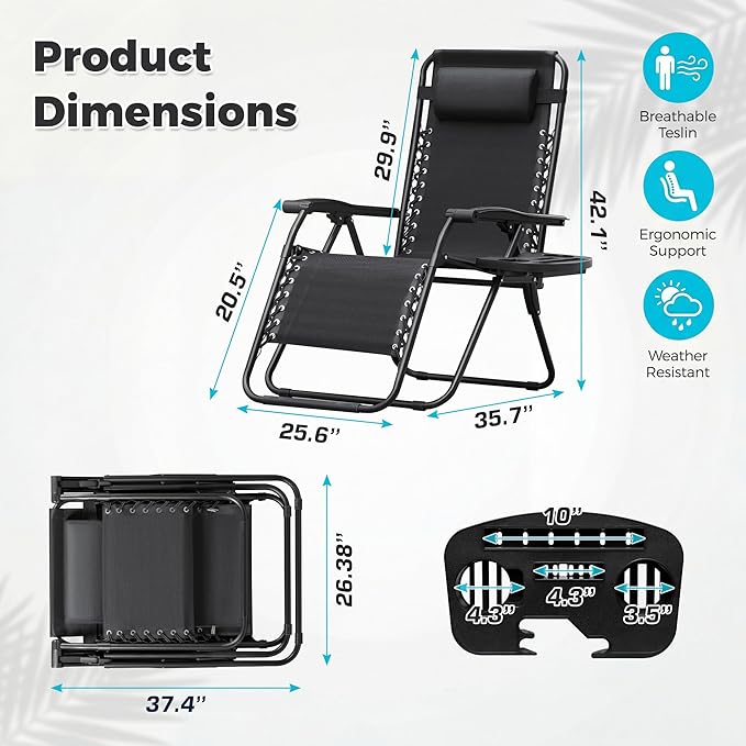 Homall Zero Gravity Chair Patio Folding Lawn Outdoor Lounge Gravity Camp Reclining Lounge Chair with Cup Holder Pillows for Poolside Backyard and Beach Set of 4 (Black)