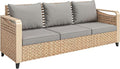 Outsunny Outdoor Patio Couch with Wide and Deep Seat, 3 Seater Wicker Outdoor Sofa with Wide Metal Armrests, Patio Furniture Couch with Cushions for Porch, Garden, Backyard, Gray | Removable Covers