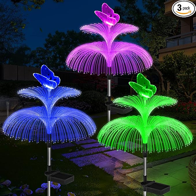 Solar Garden Lights Waterproof 3 Pack Solar Lights Outdoor Decorative 7 Color Changing Double Jellyfish and Butterfly Flower Garden Decor Yard Christmas Pool Outdoor, Gifts for Mother's Women
